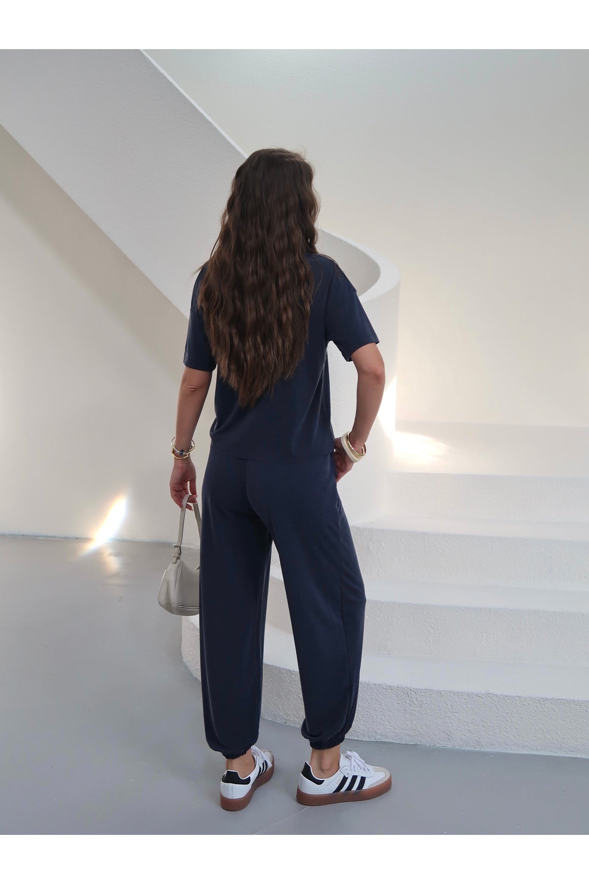 PWGY262 - Kadın Selena Modal Pike Kumaş Parçalı Jogger Takım - Lacivert