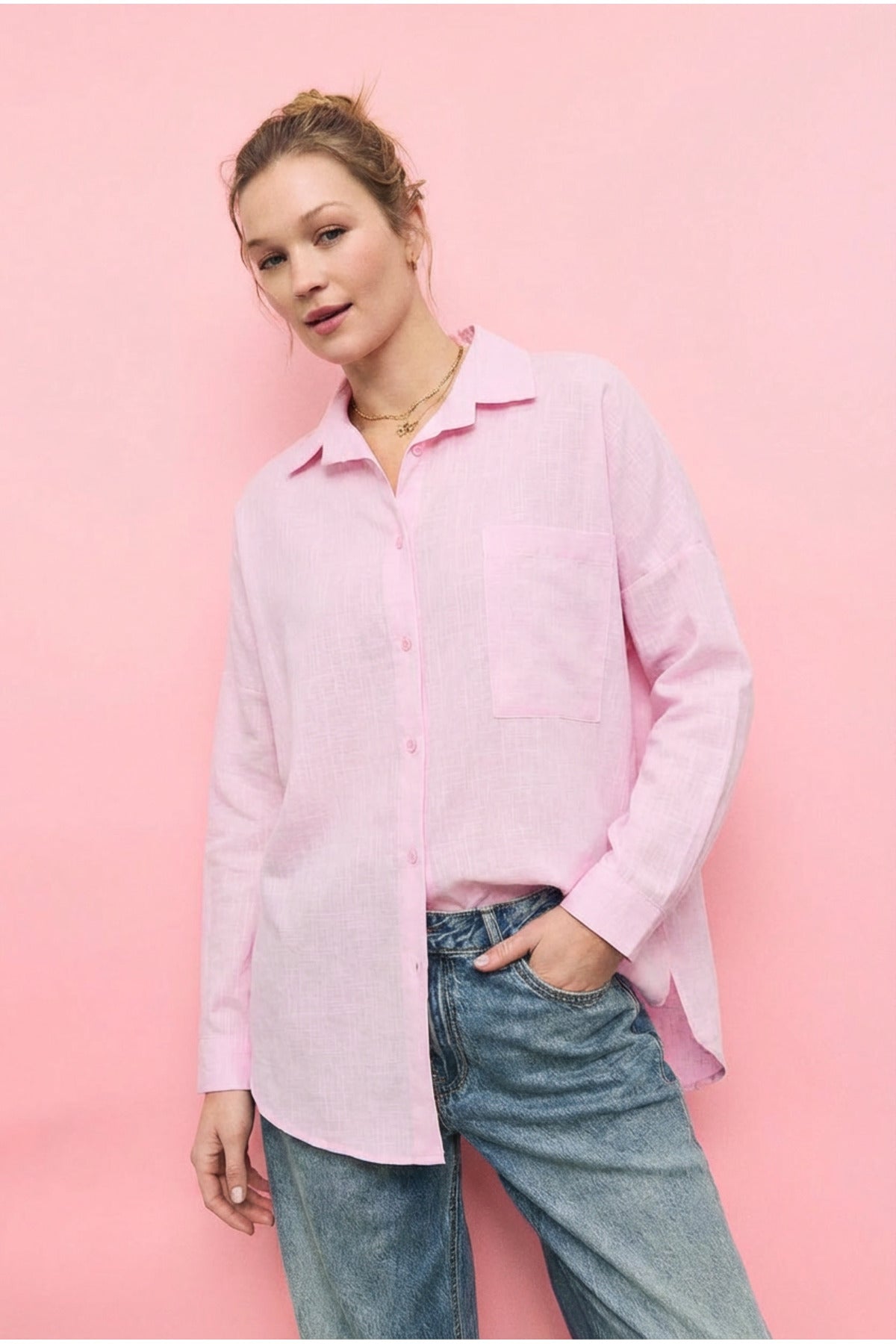 PWGPERRY - Kadın Perry Keten Gömlek Oversize - Pembe