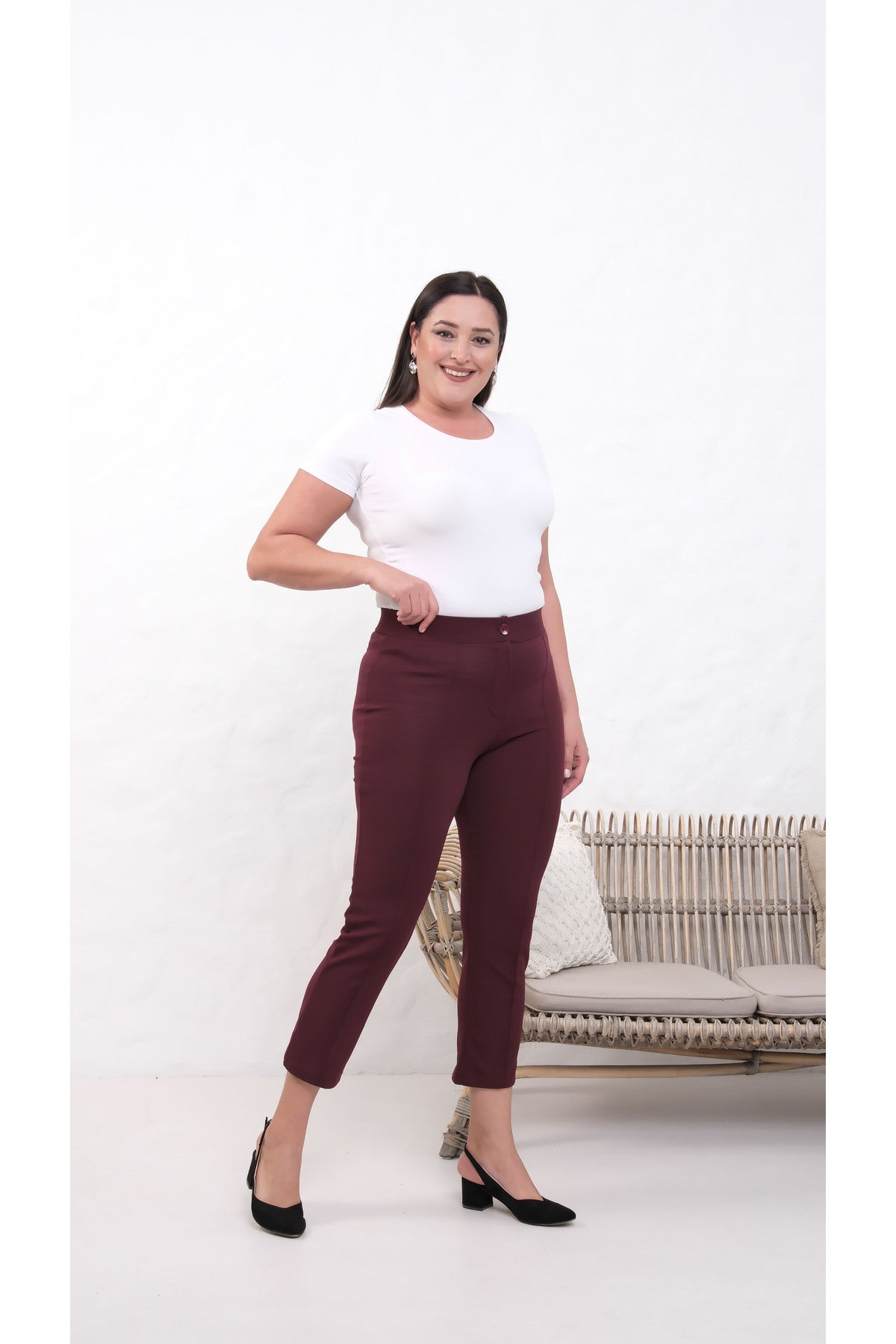 PWG909241317 - Likralı Bordo Büyük Beden Dar Paça Pantolon, 4 Mevsim, Vücudu Toplayan Pantolon