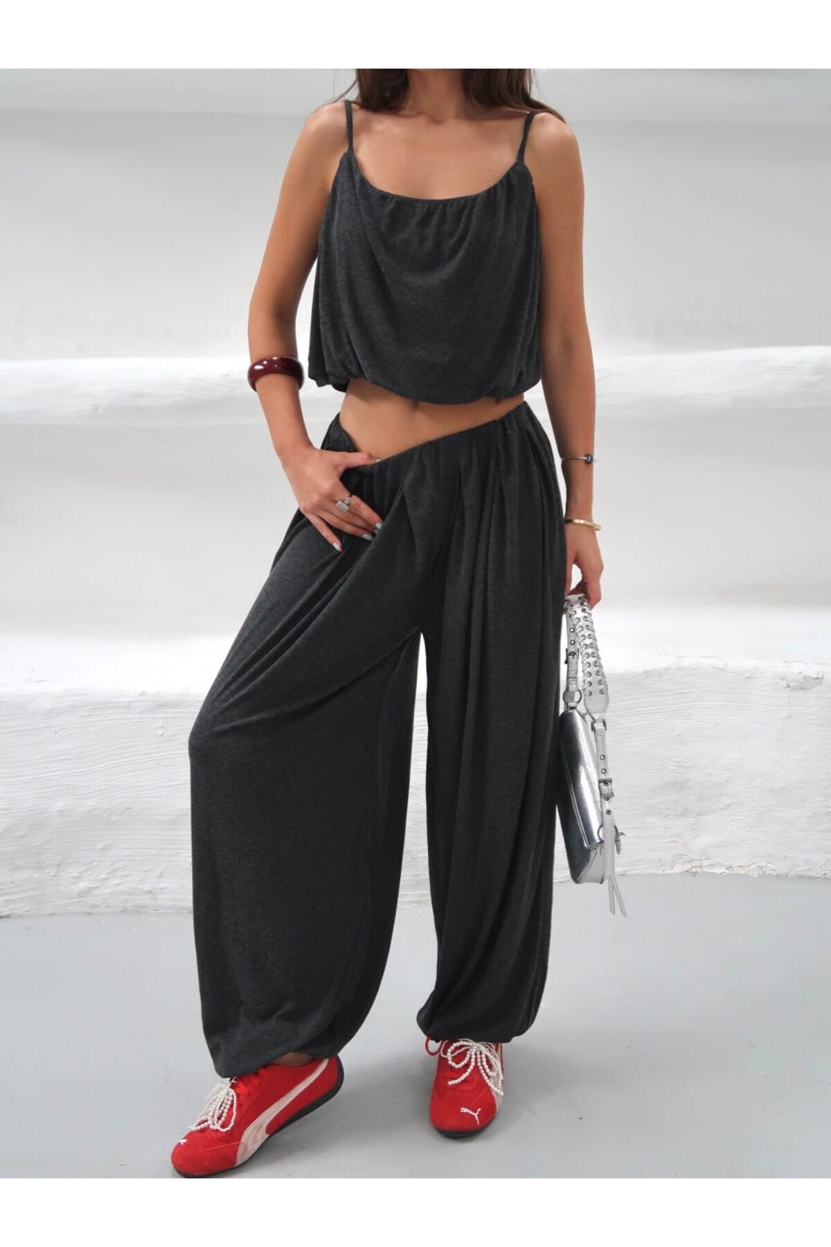 PWGY321 - Kadın Elodie Ribana Crop Şalvar Takım - Füme