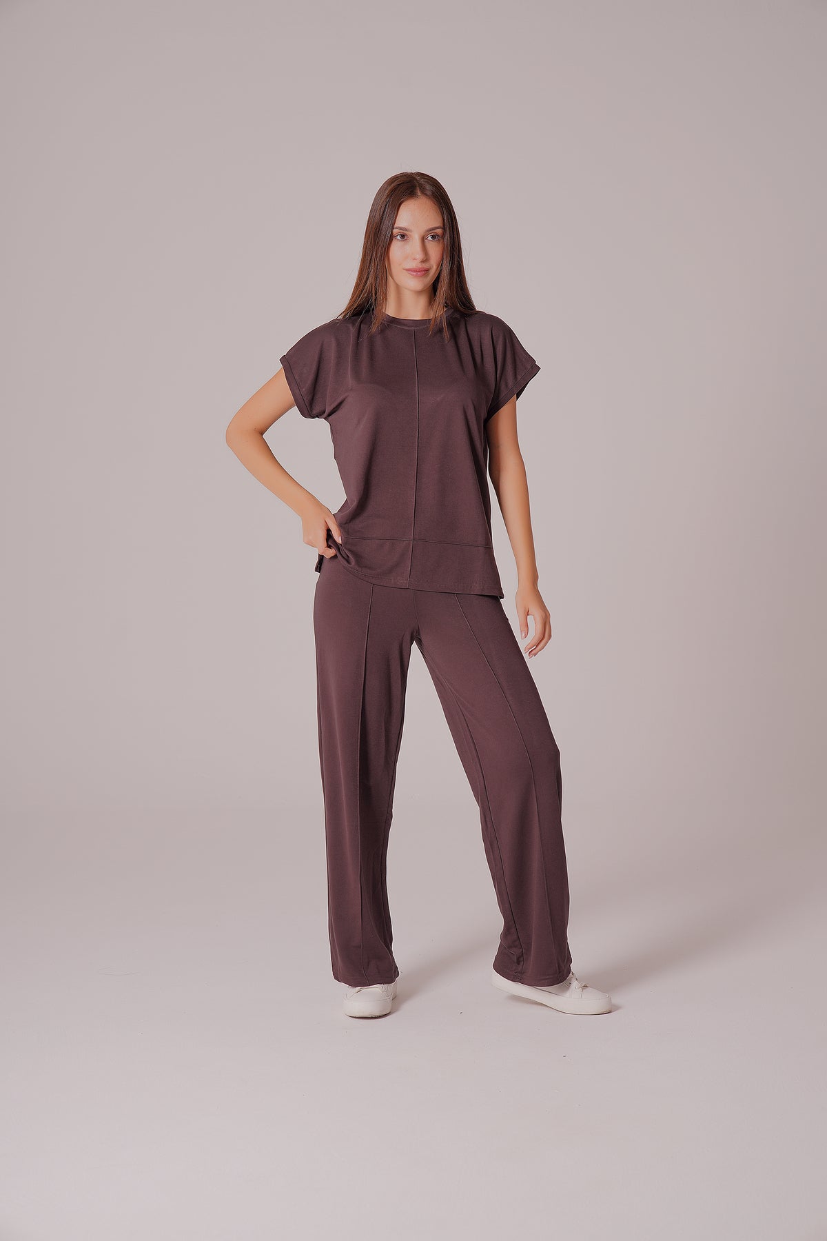 PWG0907251756 - Kadın Meadow Modal Çimalı T-shirt-Pantolon Takım - Kahverengi