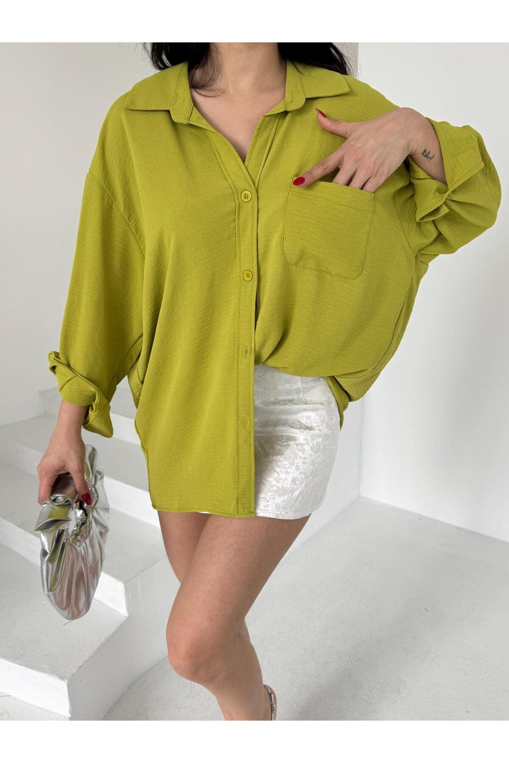 PWG903250053 - Kadın Flory Ayrobin Oversize Tek Cep Gömlek - SARI
