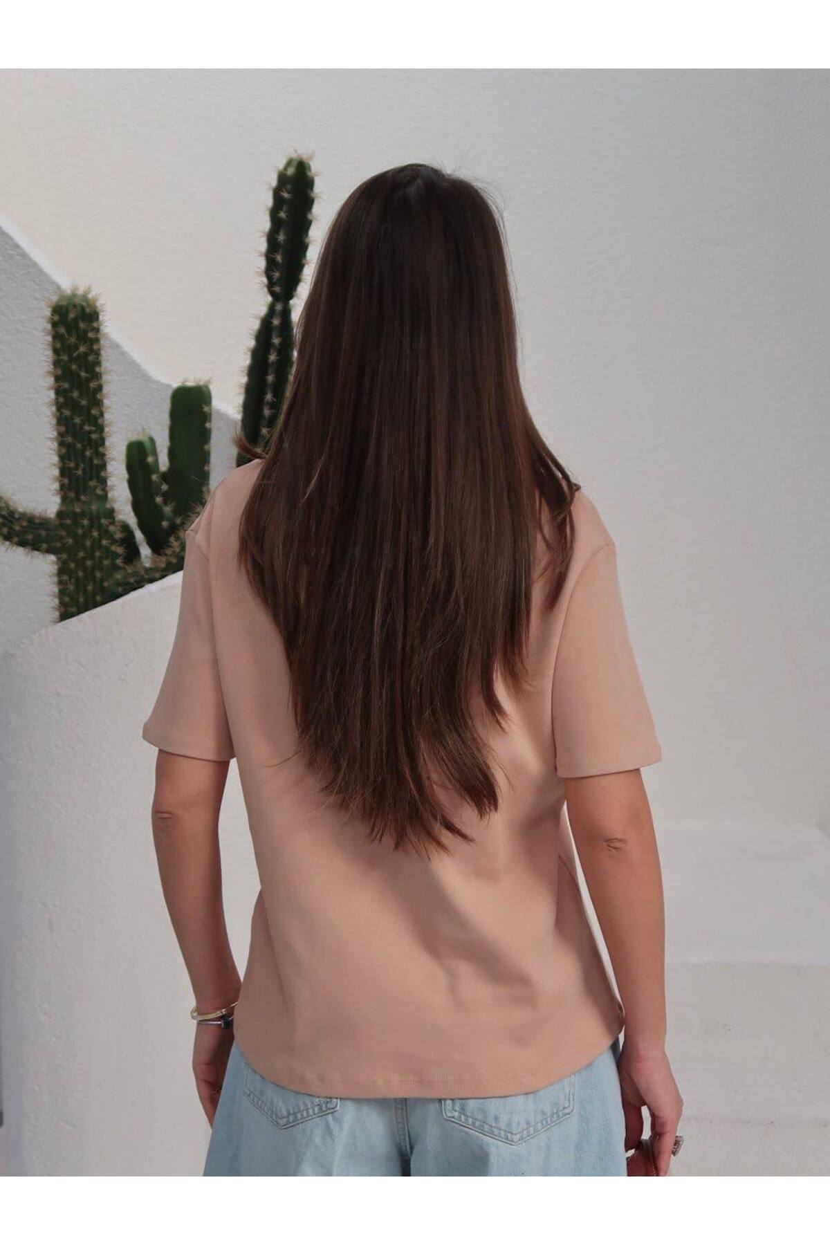PWGY285 - Kadın Massi İnterlok Kumaş V Yaka Oversize T-Shirt - Somon