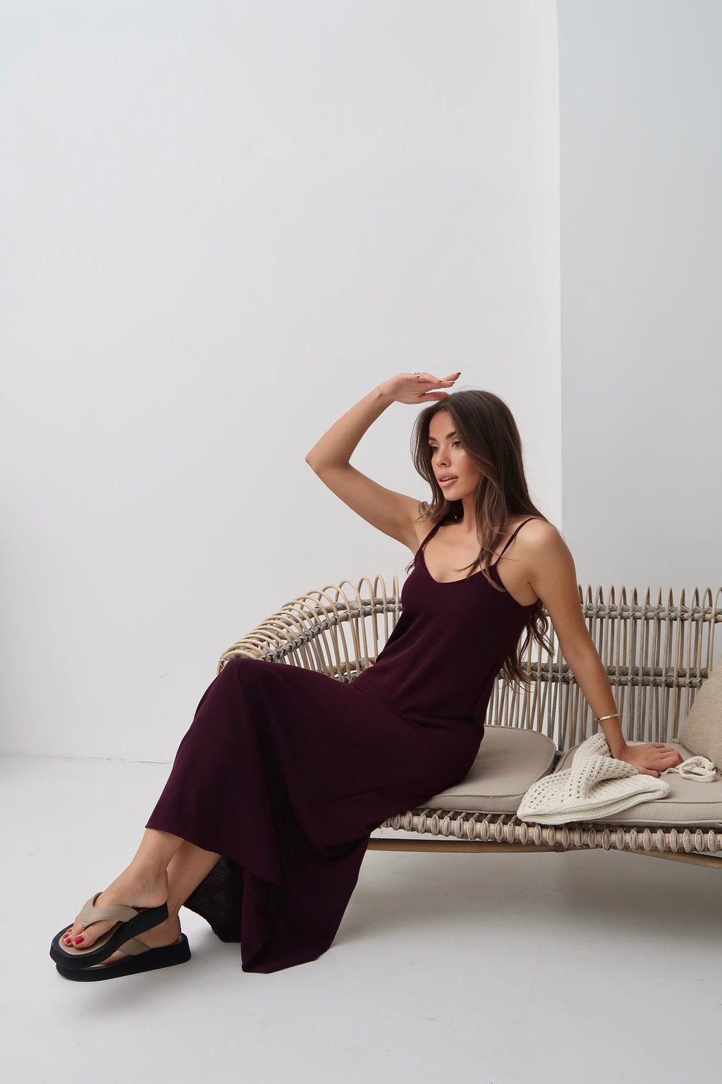 PWG2605251938 - Kadın Hazel Bordo İp Askılı Ayrobin Maxi Yazlık Elbise