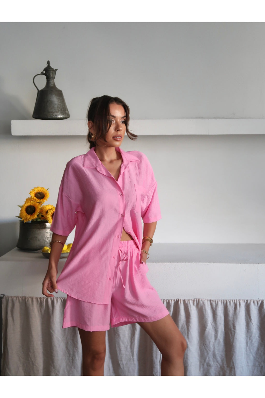 PWGY115 - Kadın Casual Çilek Dokuma Kumaş Şortlu Gömlek Kombini - Pembe