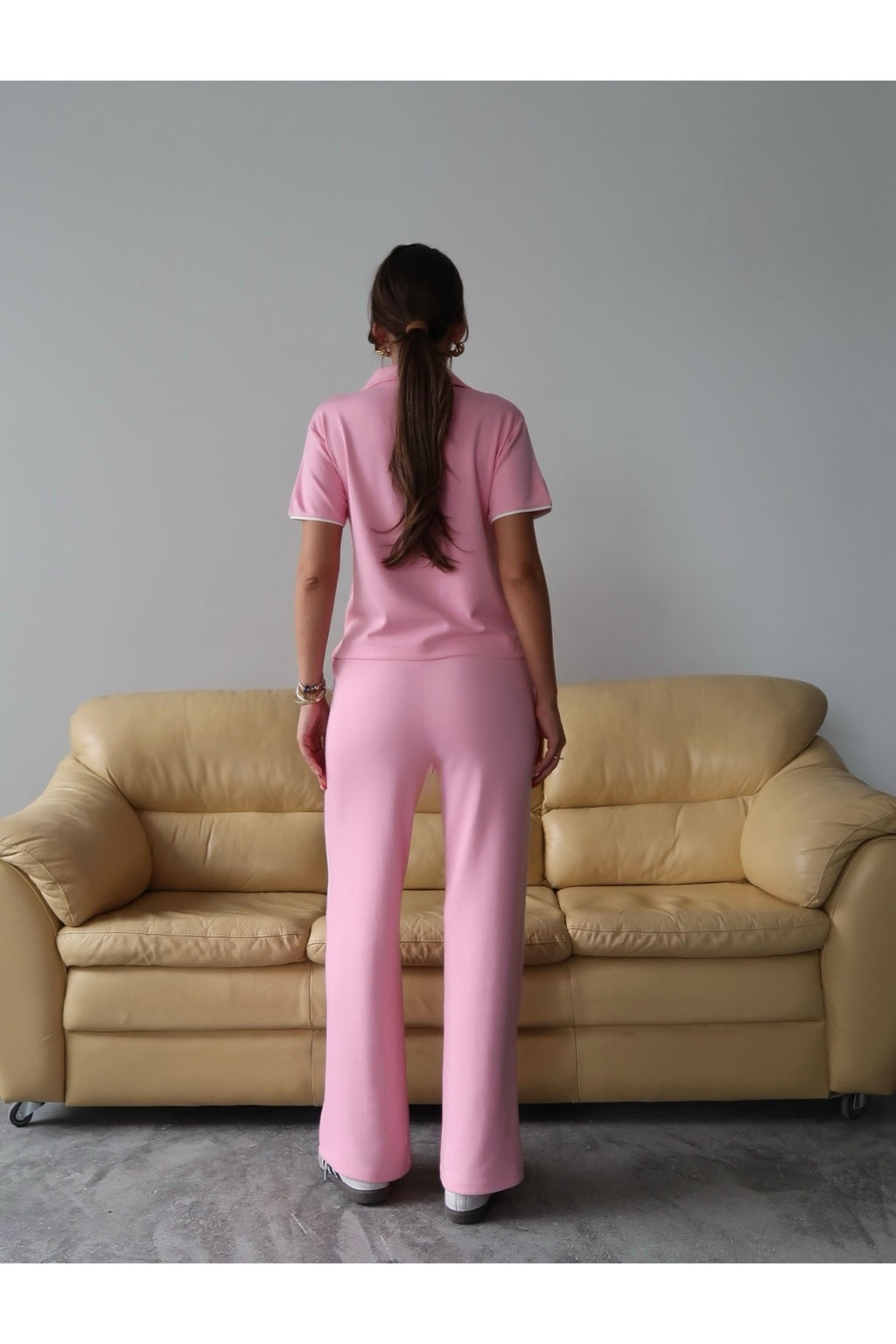 PWG1308251357 - Kadın Maribel Pamuklu Modal Kumaş Polo Yaka Bluz-Pantolon İkili Alt-Üst Takım, 4 Mevsim Günlük Takım - Pembe