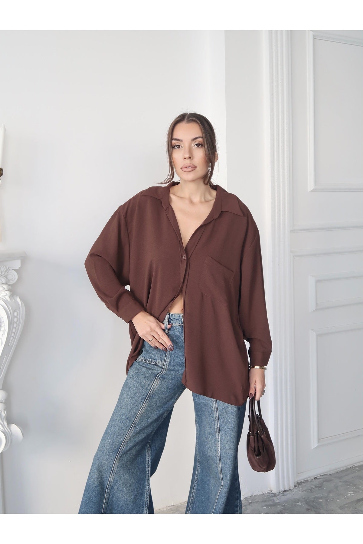 PWG3101251407 - Kadın Perla Kahverengi Tek Cepli Oversize Gömlek, Yazlık Geniş Kalıp Gömlek, Ayrobin Gömlek