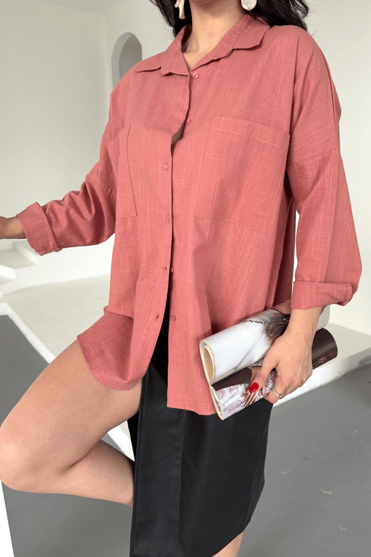 PWG1504250420 - Kadın Harper Çift Cepli Oversize Keten Gömlek, 2025 Summer Collection - Gül Kurusu