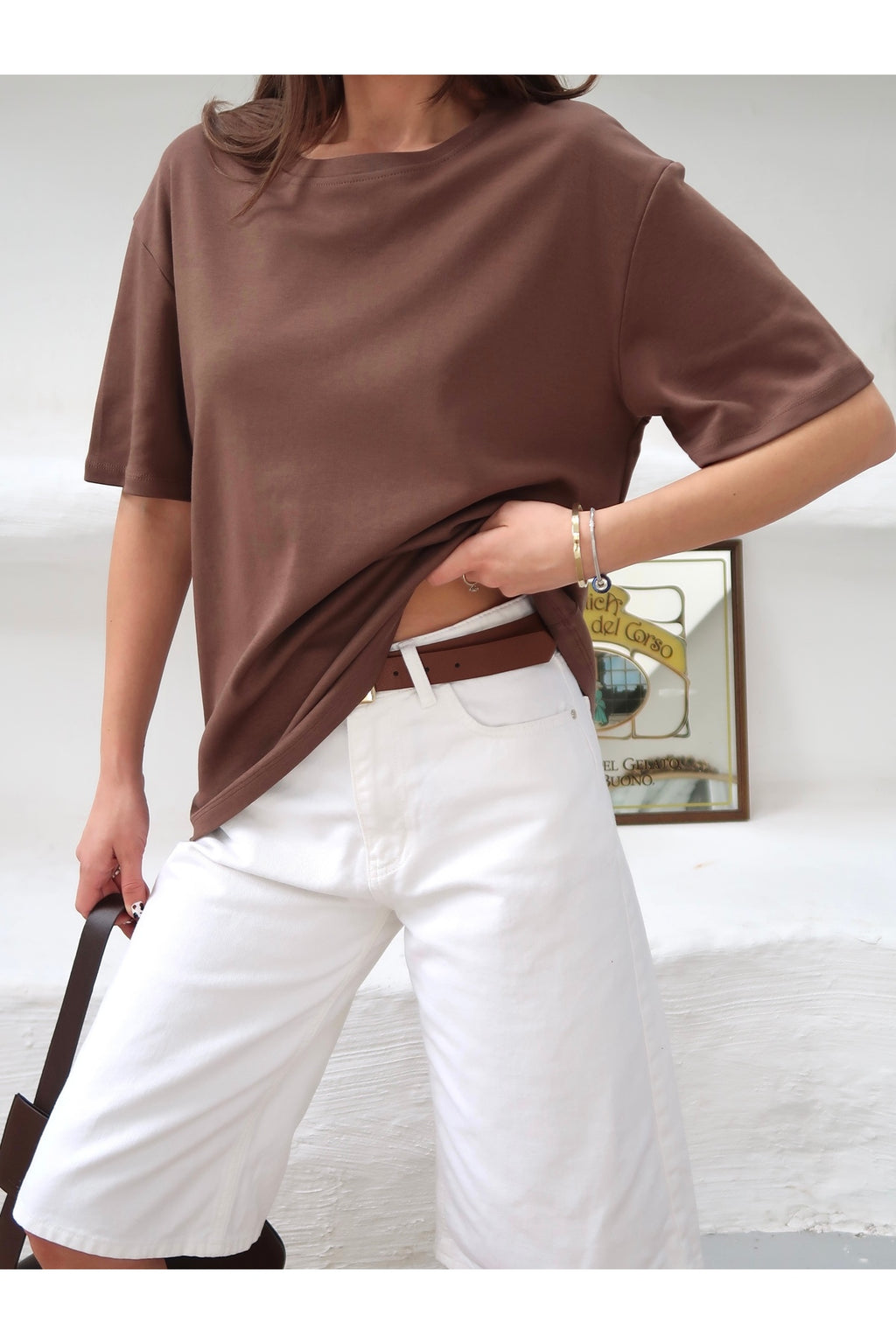 PWGY298 - Kadın Mia İnterlok Kumaş Bisiklet Yaka Oversize T-Shirt - Kahverengi