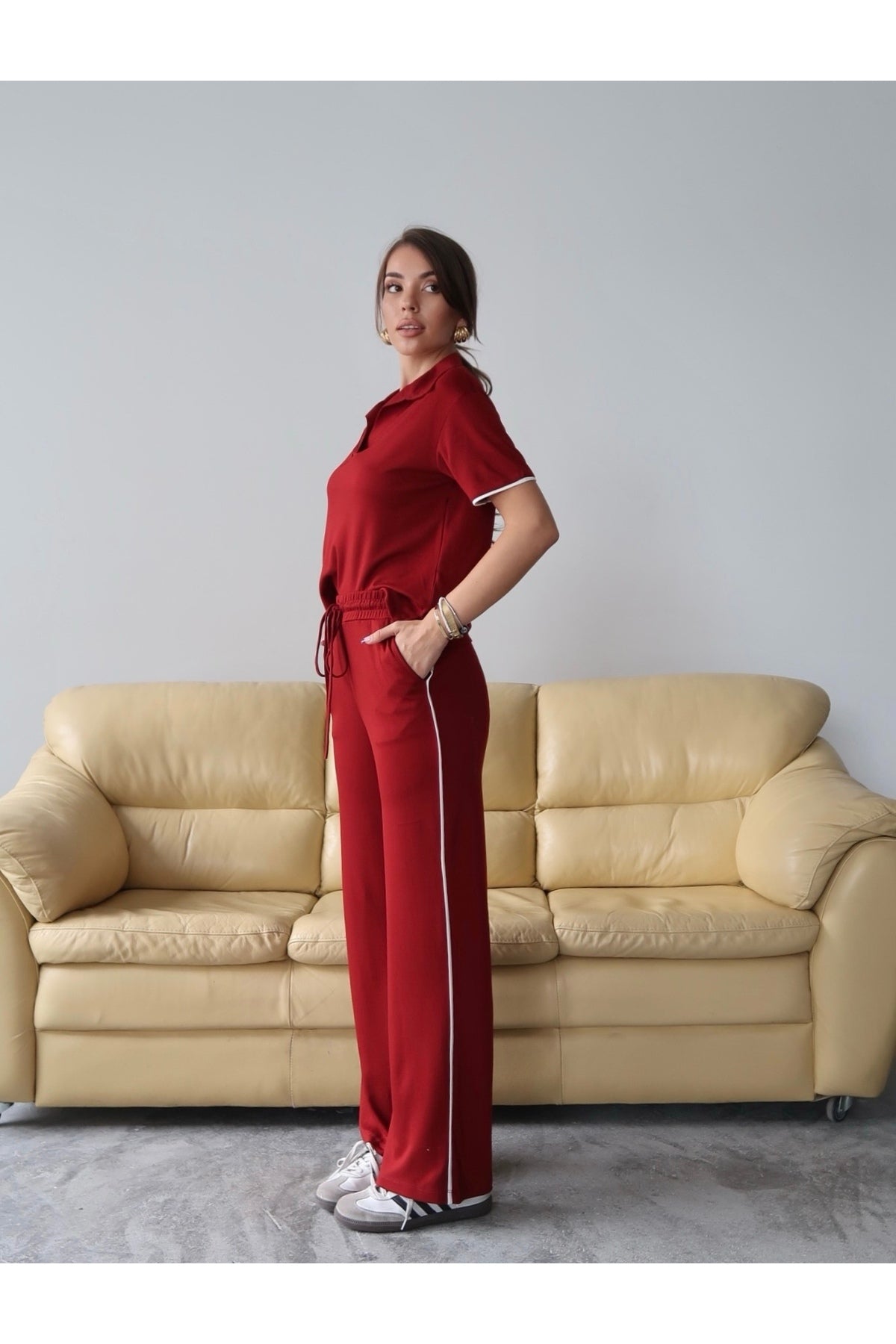 PWG1308251357 - Kadın Maribel Pamuklu Modal Kumaş Polo Yaka Bluz-Pantolon İkili Alt-Üst Takım, 4 Mevsim Günlük Takım - Bordo
