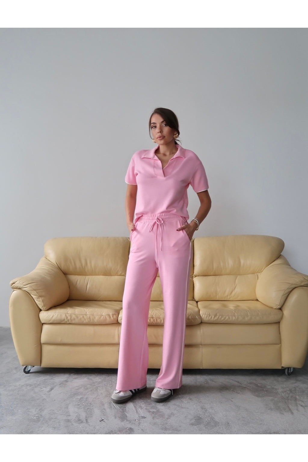 PWG1308251357 - Kadın Maribel Pamuklu Modal Kumaş Polo Yaka Bluz-Pantolon İkili Alt-Üst Takım, 4 Mevsim Günlük Takım - Pembe