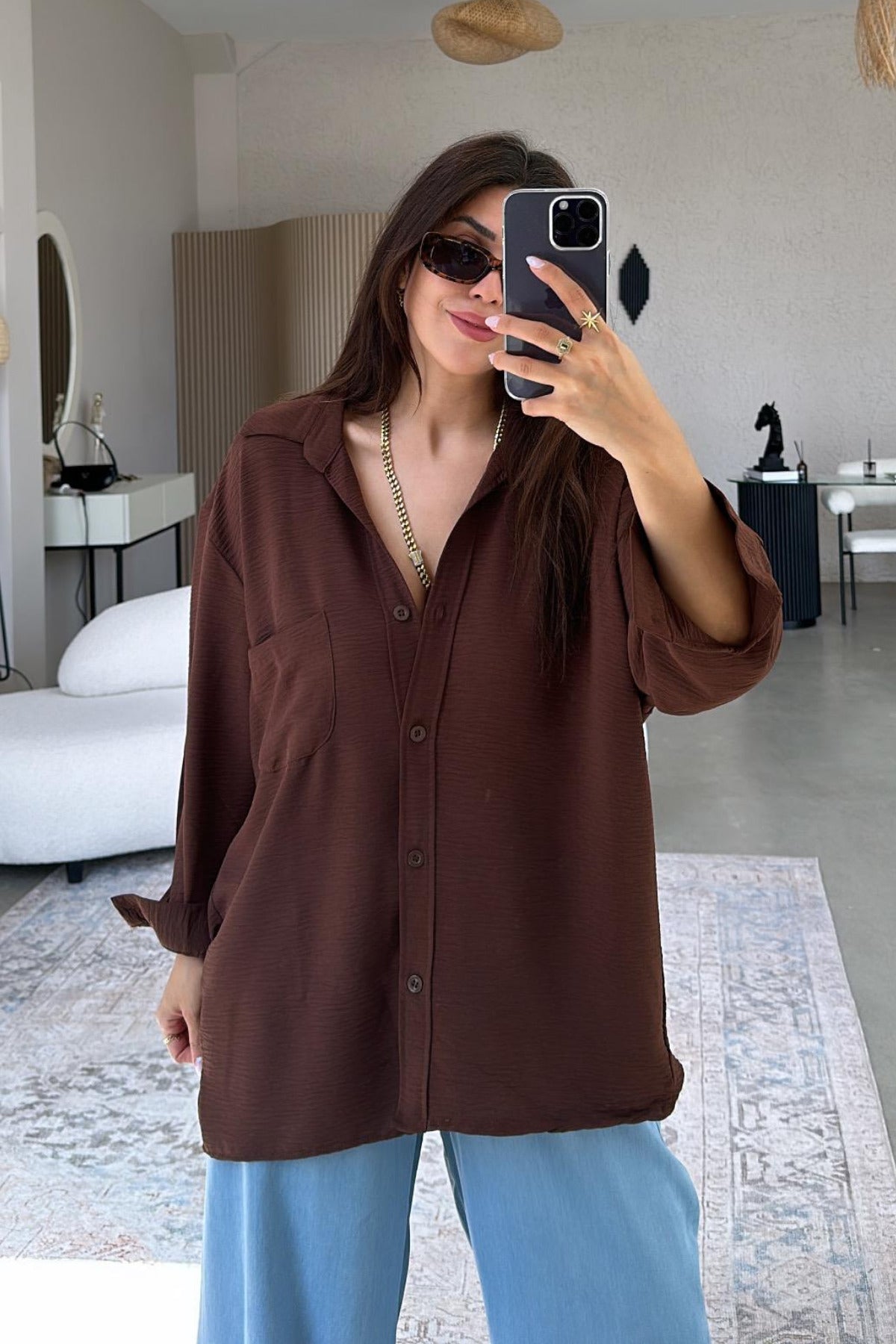 PWG903250053 - Kadın Flory Ayrobin Oversize Tek Cep Gömlek - Kahverengi