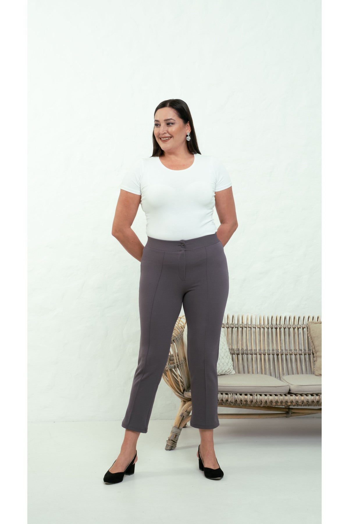 PWG909241317 - Likralı Büyük Beden Dar Paça Pantolon, 4 Mevsim, Vücudu Toplayan Pantolon - Füme