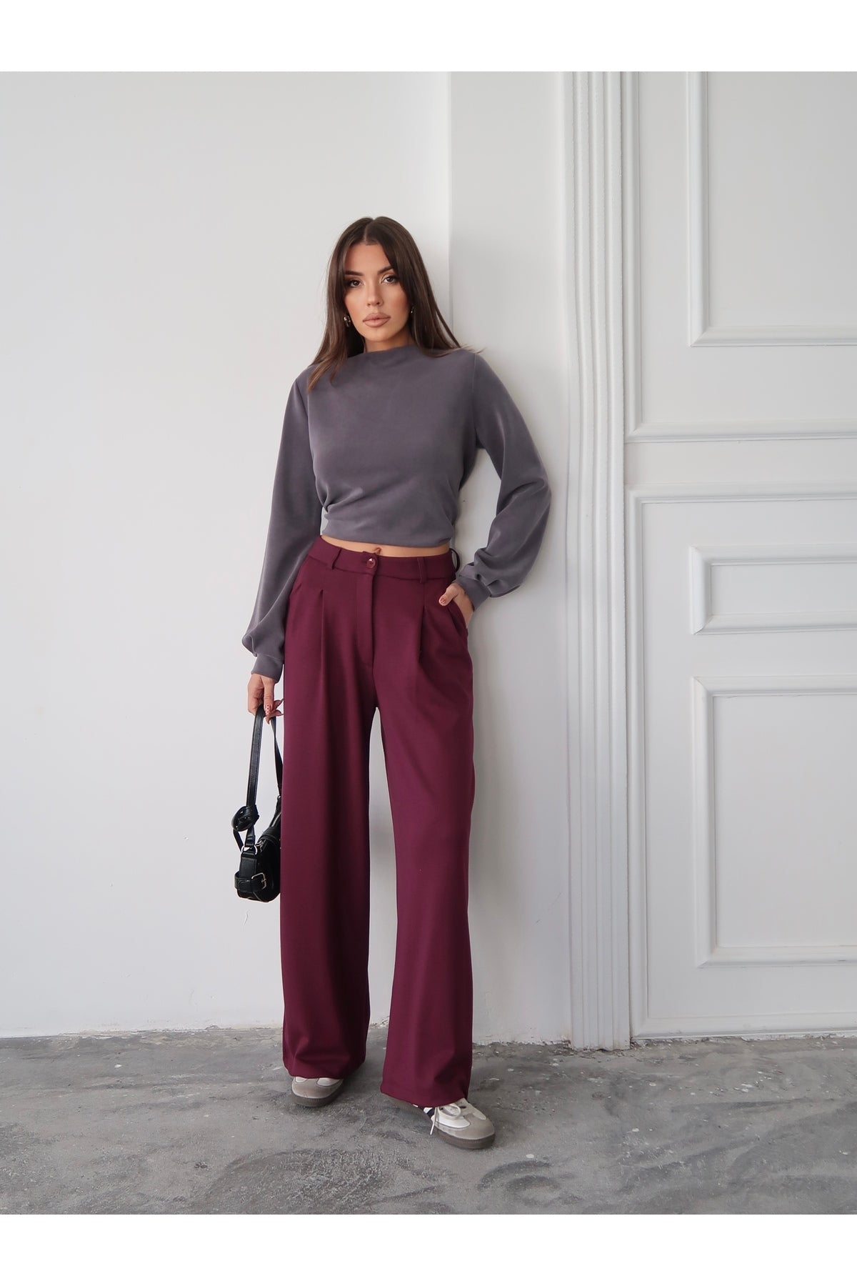 PWG2711251435 - Kadın Nova Modal Dokulu Pileli Palazzo Pantolon - Bordo
