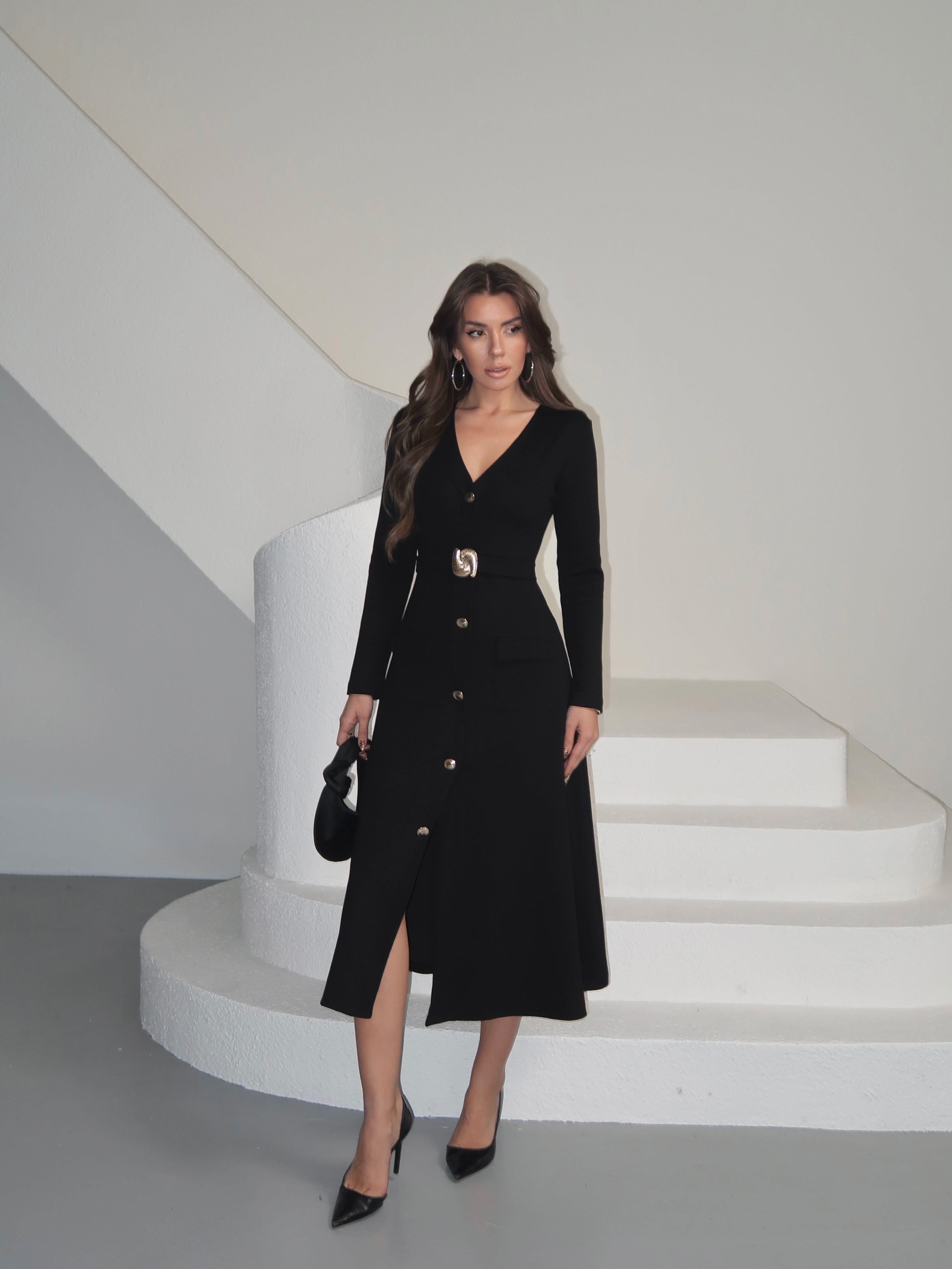 Sole Modal Kumaş Çift Cepli Ön Tokalı Uzun Kollu Elbise - Siyah