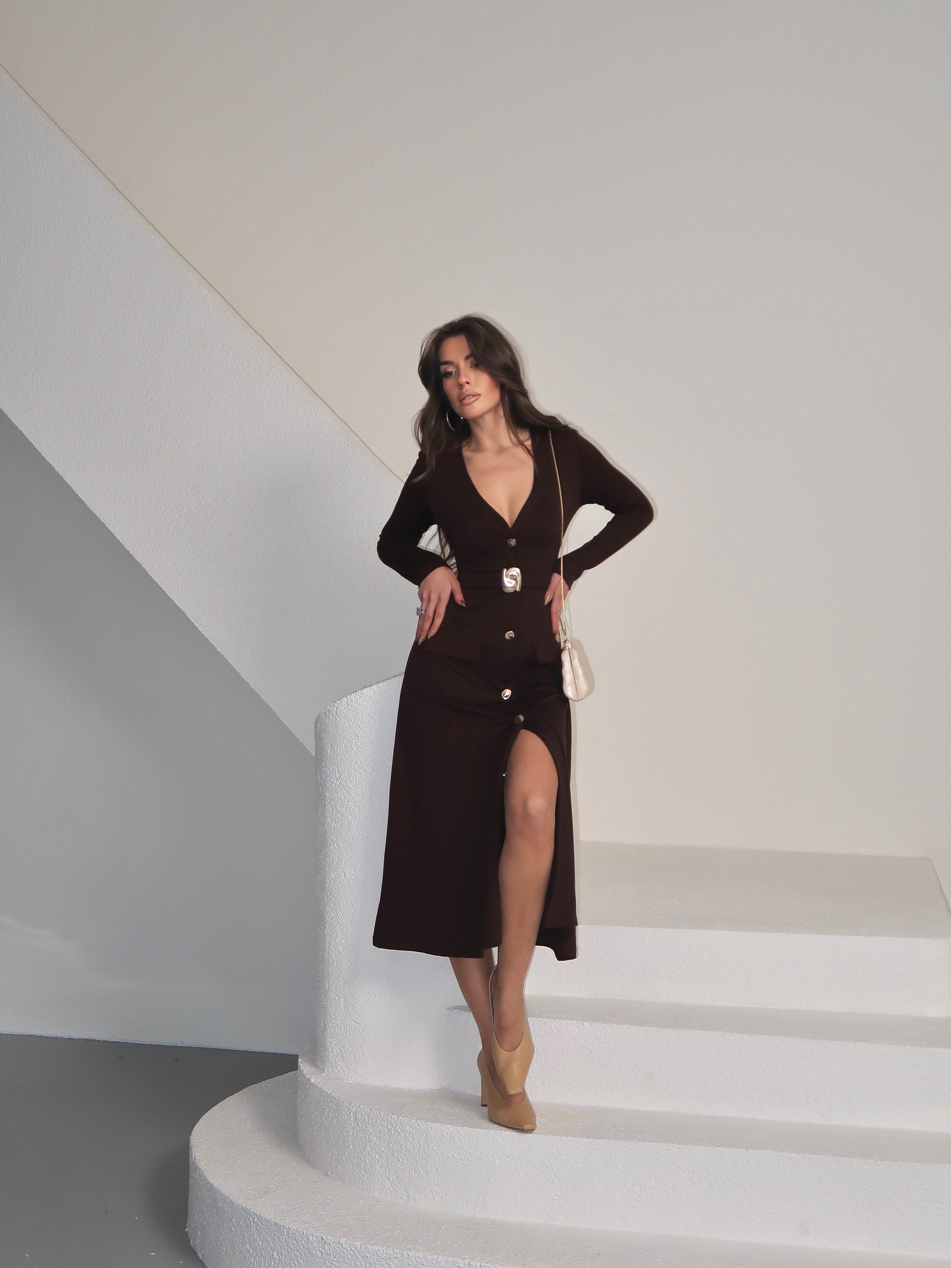 Sole Modal Kumaş Çift Cepli Ön Tokalı Uzun Kollu Elbise - Kahve