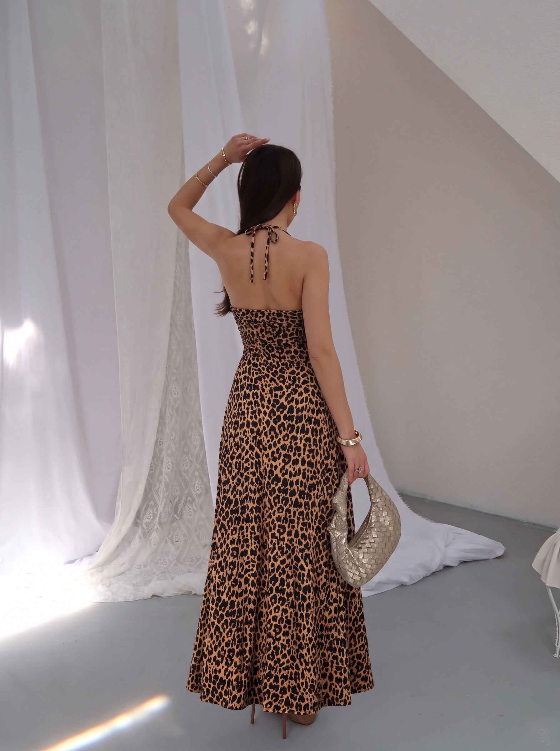 P310 - Kadın Alessia Önü Burgulu Uzun Mikro Elbise - Leopar