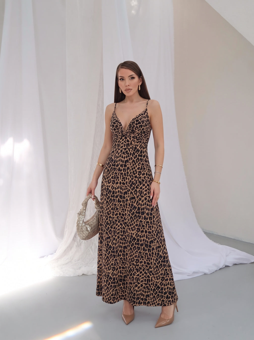 P310 - Kadın Alessia Önü Burgulu Uzun Mikro Elbise - Leopar
