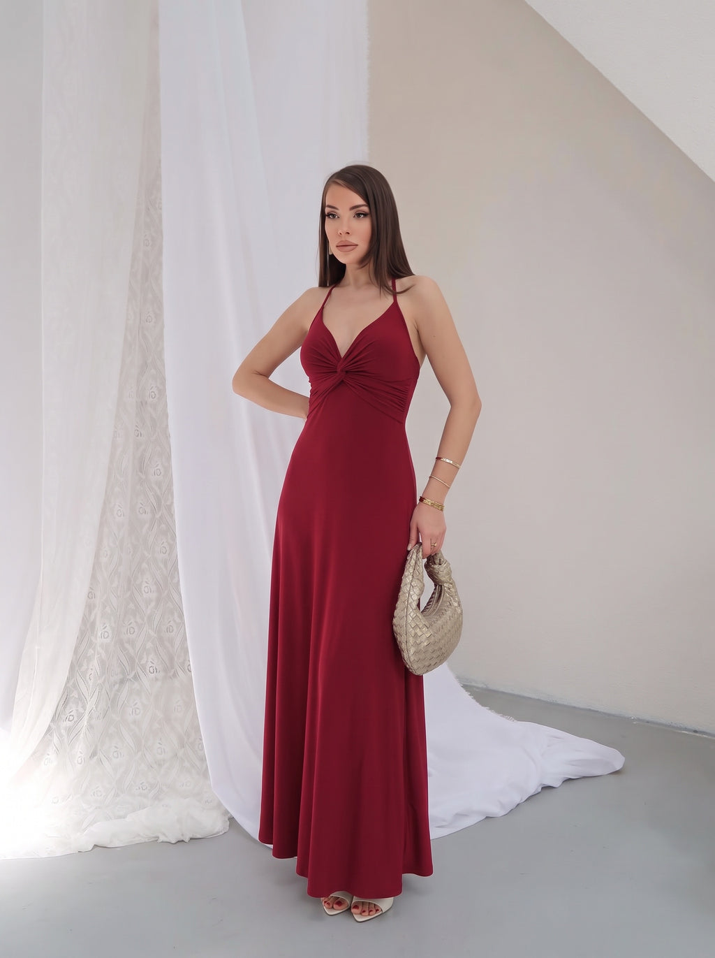 P310 - Kadın Alessia Önü Burgulu Uzun Mikro Elbise - Bordo