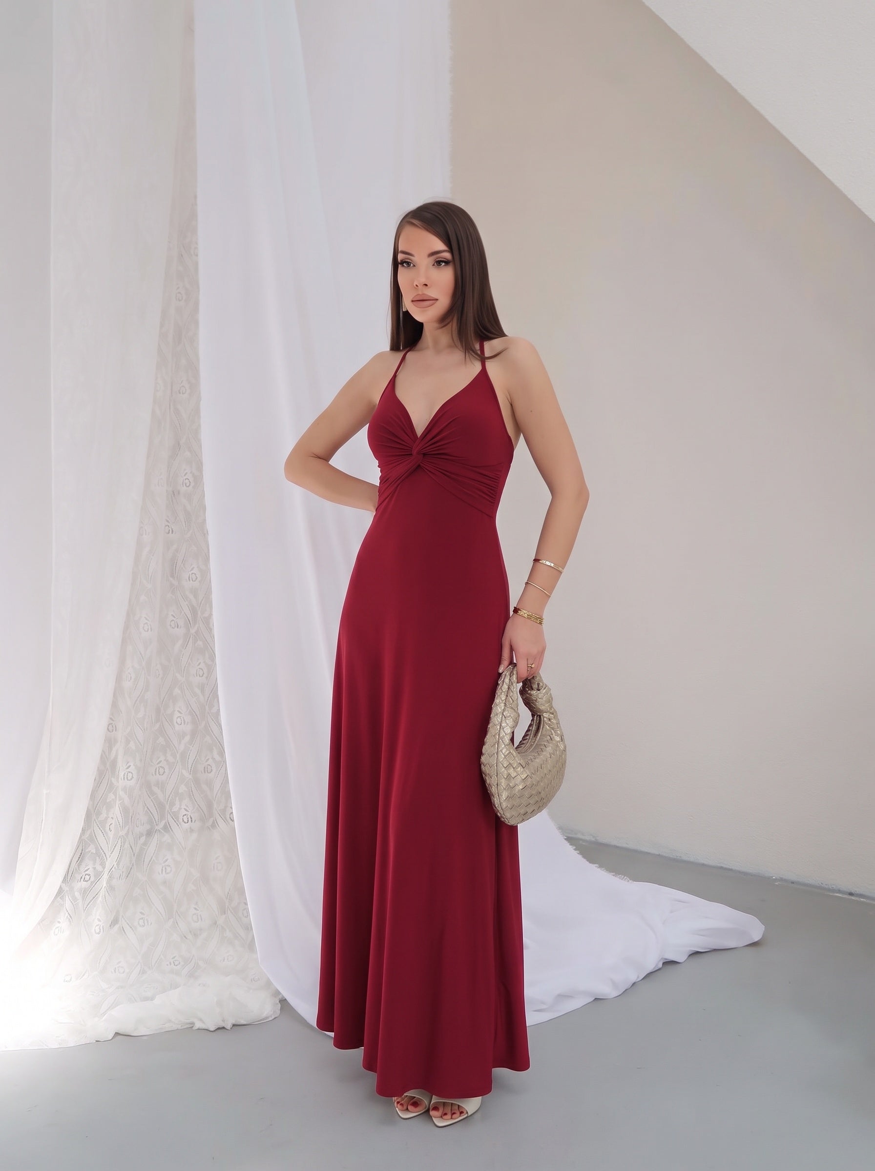 P310 - Kadın Alessia Önü Burgulu Uzun Mikro Elbise - Bordo