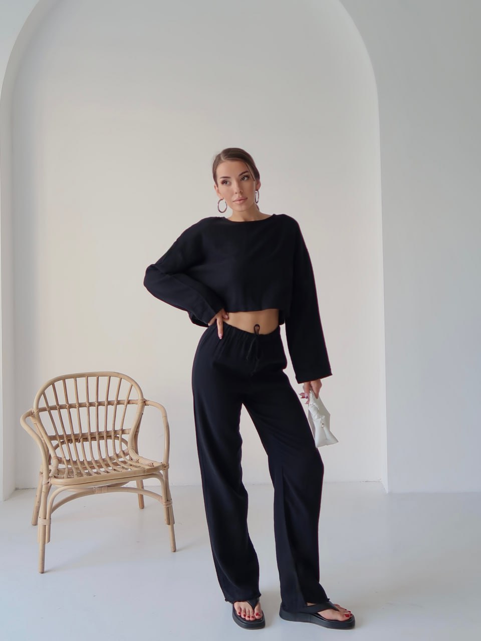 Y216 - Kadın Trend Müslin Kumaş Uzun Kol Crop Pantolon Takım - Siyah