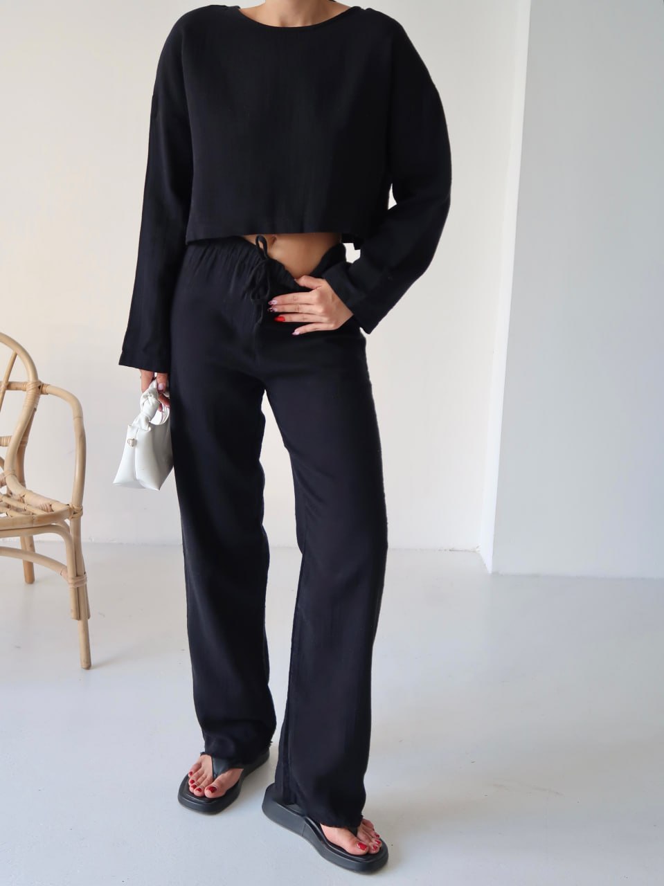 Y216 - Kadın Trend Müslin Kumaş Uzun Kol Crop Pantolon Takım - Siyah