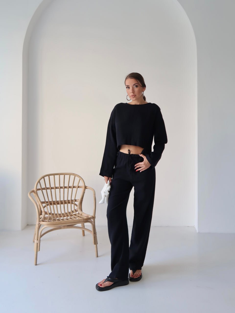 Y216 - Kadın Trend Müslin Kumaş Uzun Kol Crop Pantolon Takım - Siyah