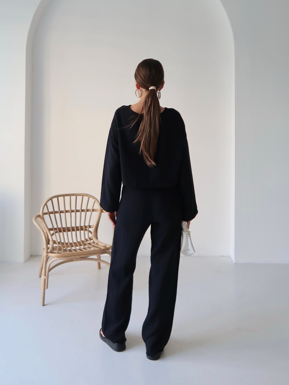 Y216 - Kadın Trend Müslin Kumaş Uzun Kol Crop Pantolon Takım - Siyah