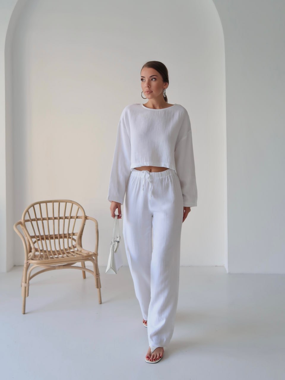 Y216 - Kadın Trend Müslin Kumaş Uzun Kol Crop Pantolon Takım - Beyaz