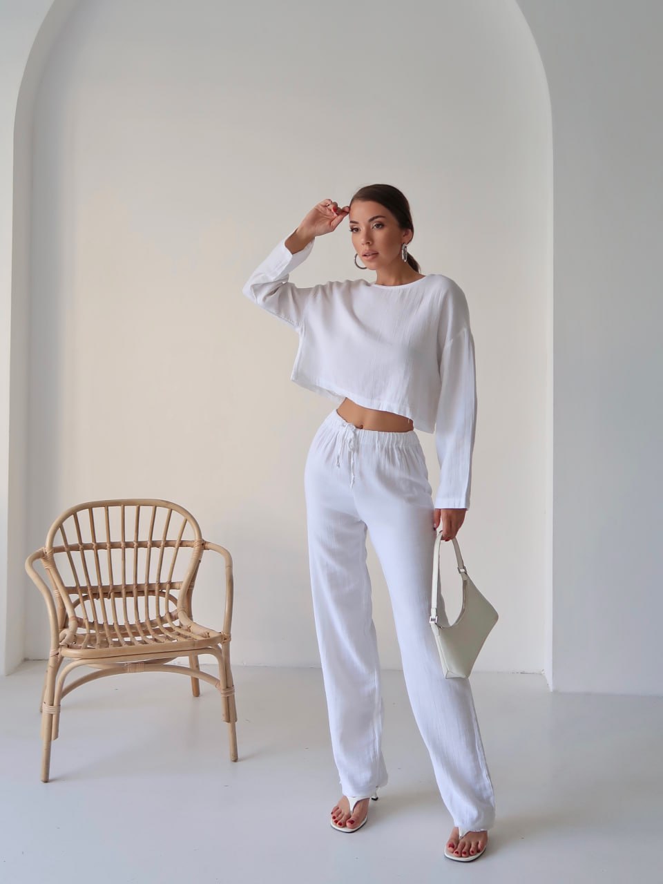 Y216 - Kadın Trend Müslin Kumaş Uzun Kol Crop Pantolon Takım - Beyaz