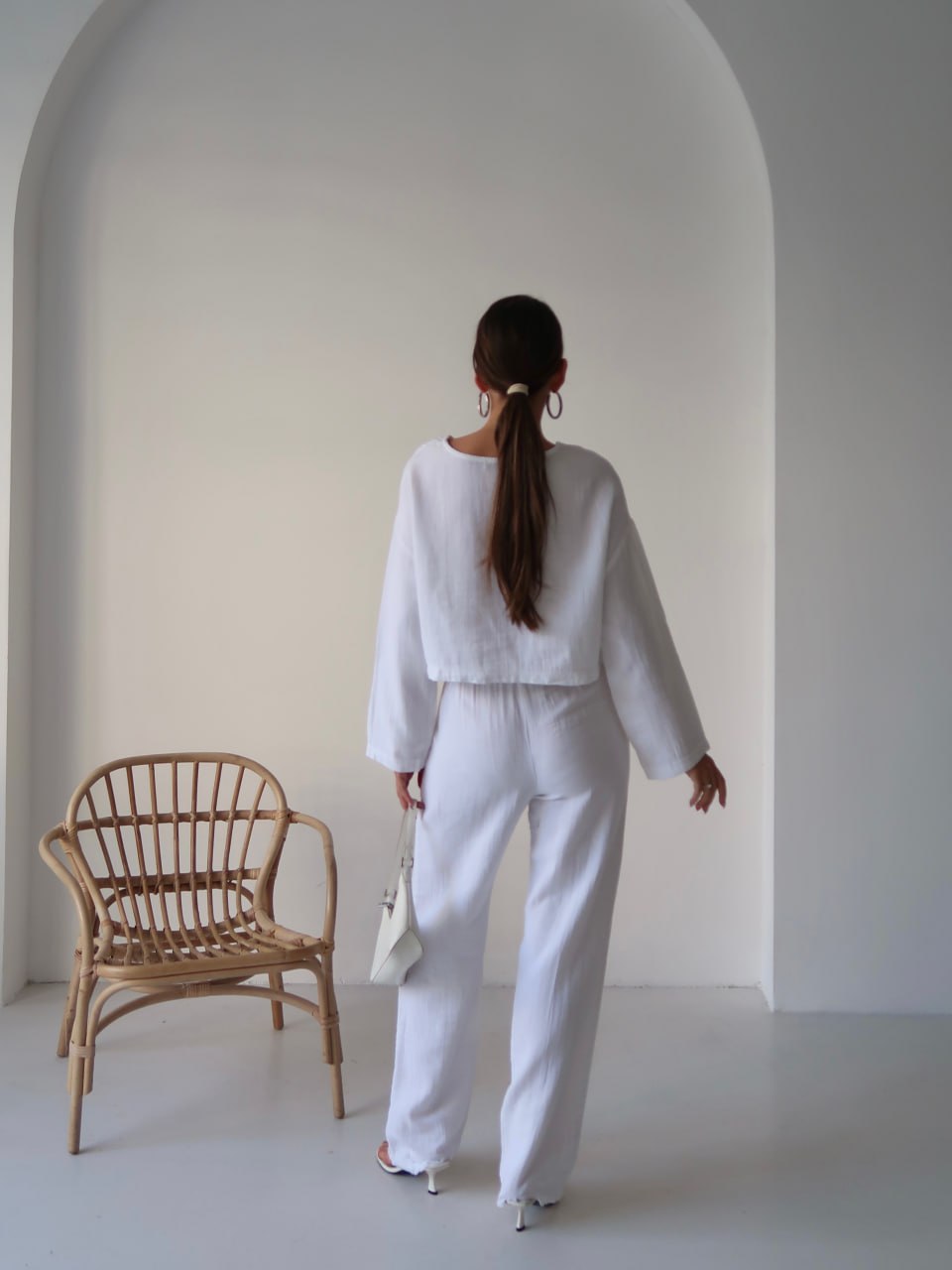 Y216 - Kadın Trend Müslin Kumaş Uzun Kol Crop Pantolon Takım - Beyaz