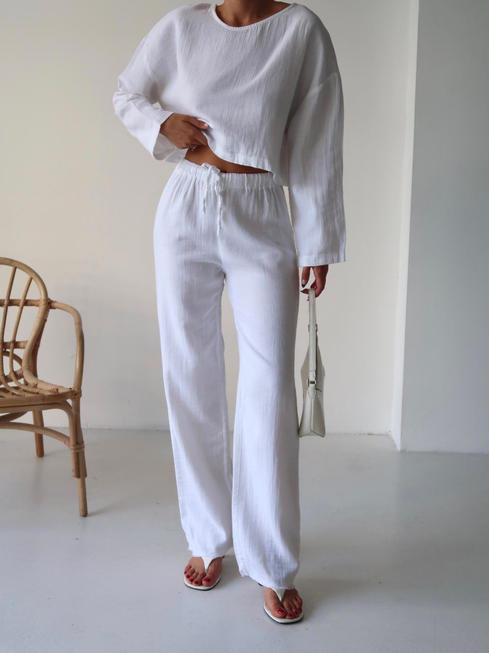 Y216 - Kadın Trend Müslin Kumaş Uzun Kol Crop Pantolon Takım - Beyaz