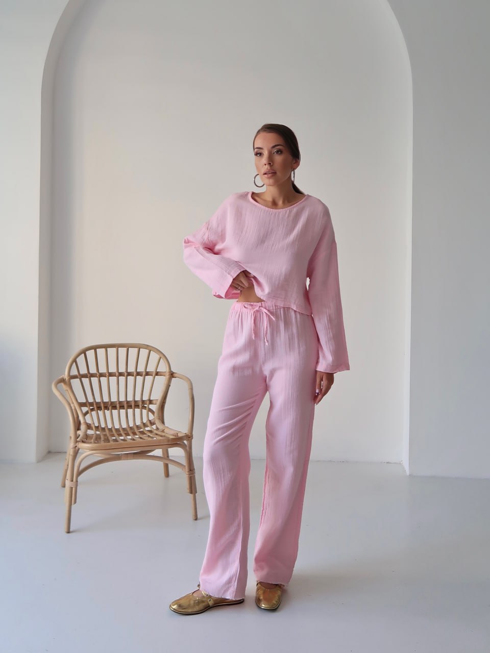 Y216 - Kadın Trend Müslin Kumaş Uzun Kol Crop Pantolon Takım - Pembe