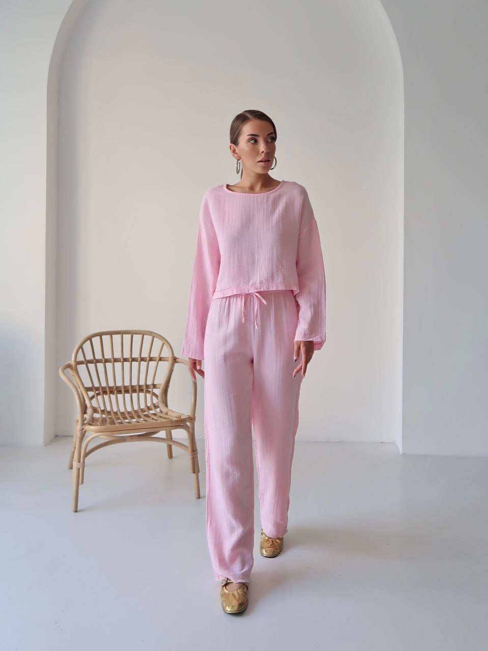 Y216 - Kadın Trend Müslin Kumaş Uzun Kol Crop Pantolon Takım - Pembe