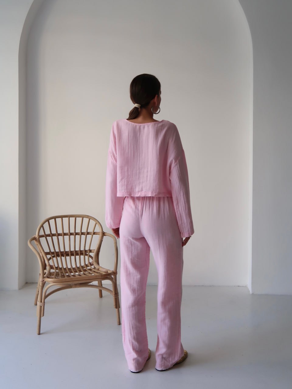 Y216 - Kadın Trend Müslin Kumaş Uzun Kol Crop Pantolon Takım - Pembe
