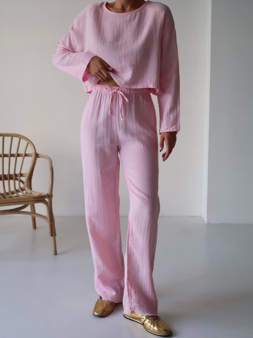 Y216 - Kadın Trend Müslin Kumaş Uzun Kol Crop Pantolon Takım - Pembe