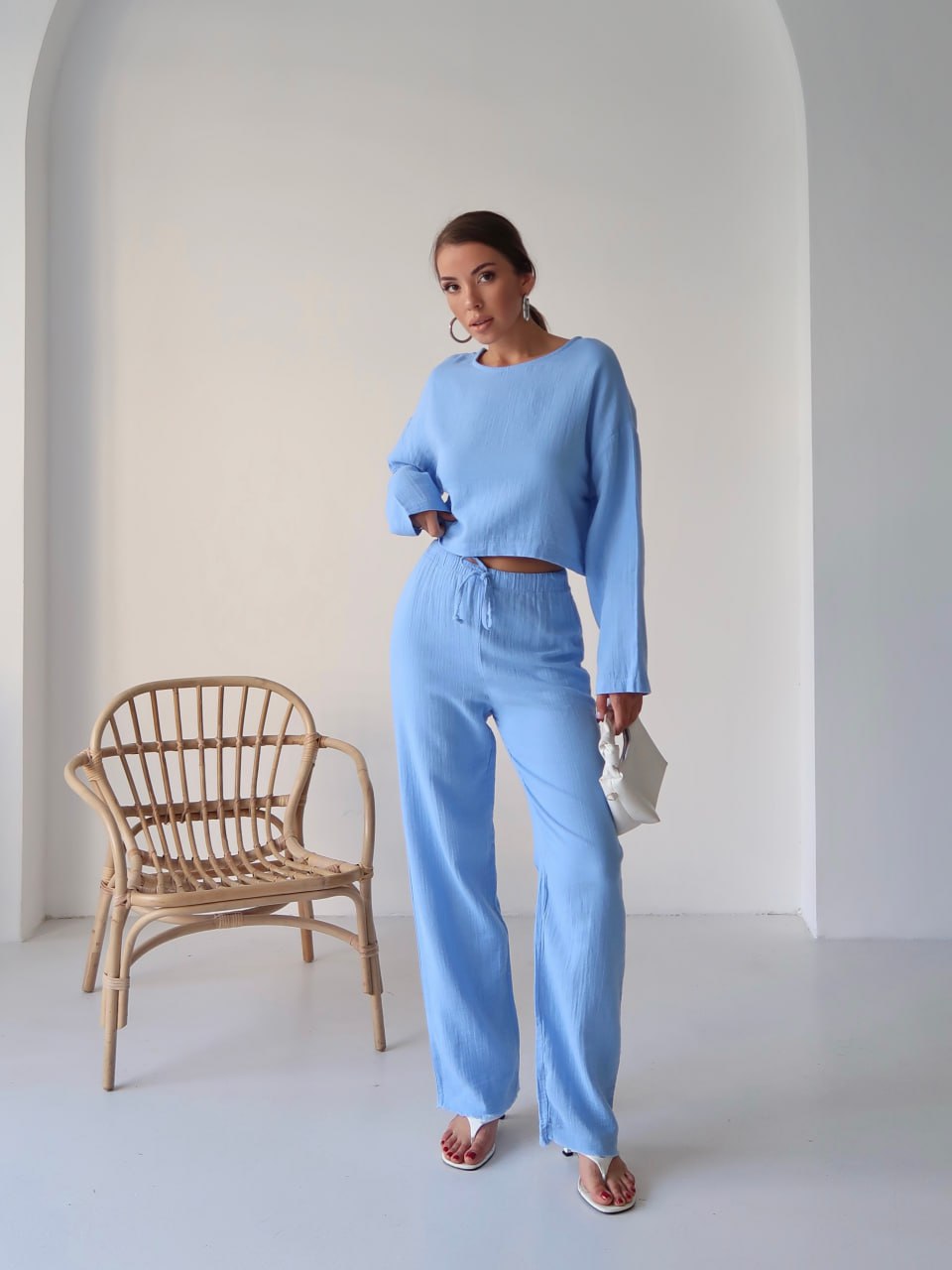 Y216 - Kadın Trend Müslin Kumaş Uzun Kol Crop Pantolon Takım - Mavi