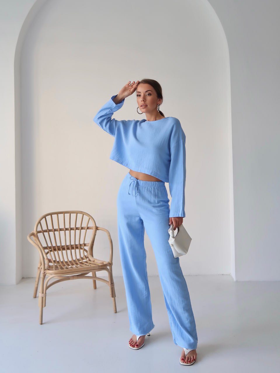 Y216 - Kadın Trend Müslin Kumaş Uzun Kol Crop Pantolon Takım - Mavi