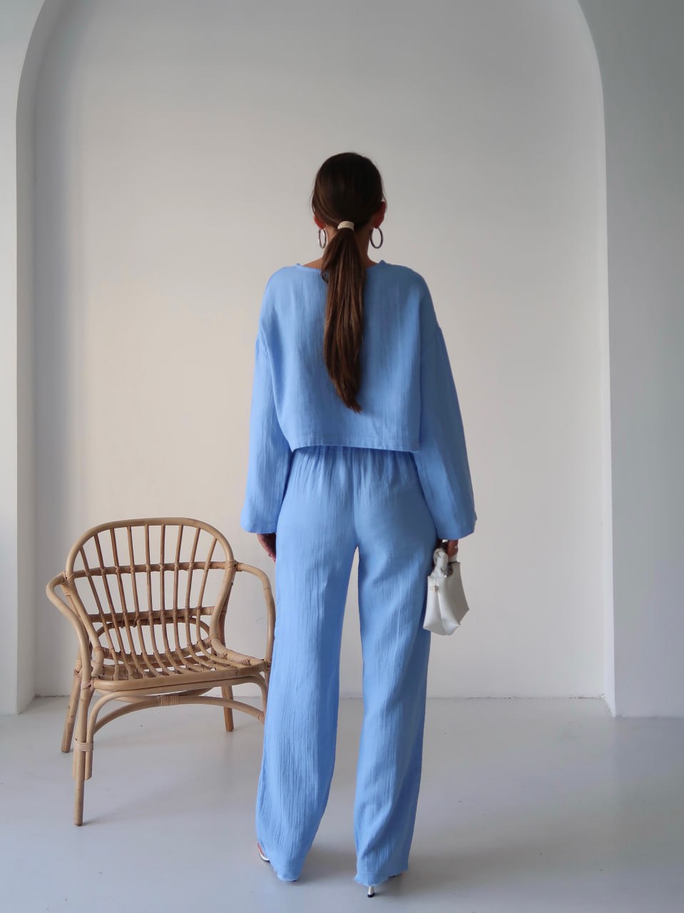 Y216 - Kadın Trend Müslin Kumaş Uzun Kol Crop Pantolon Takım - Mavi