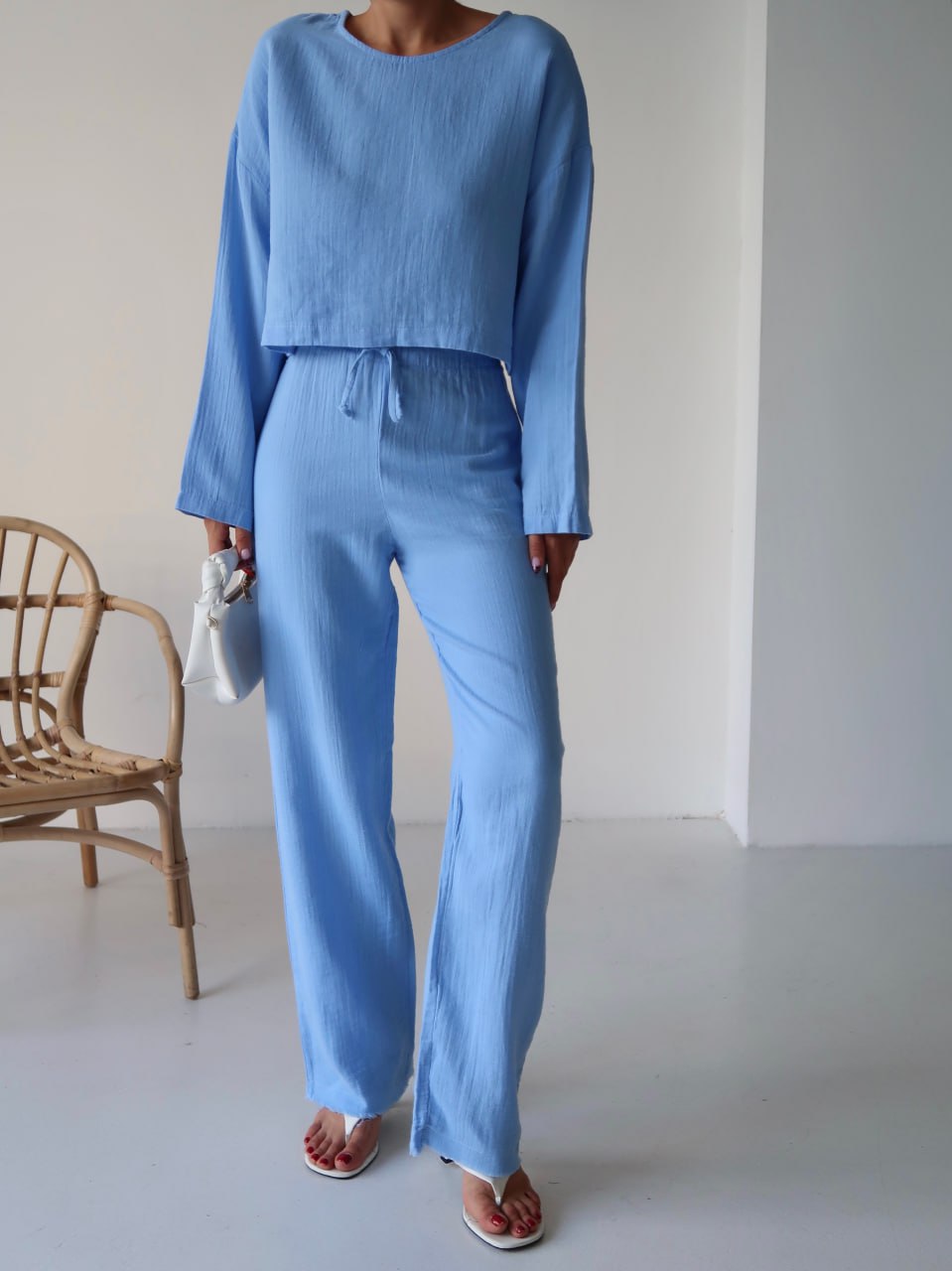 Y216 - Kadın Trend Müslin Kumaş Uzun Kol Crop Pantolon Takım - Mavi