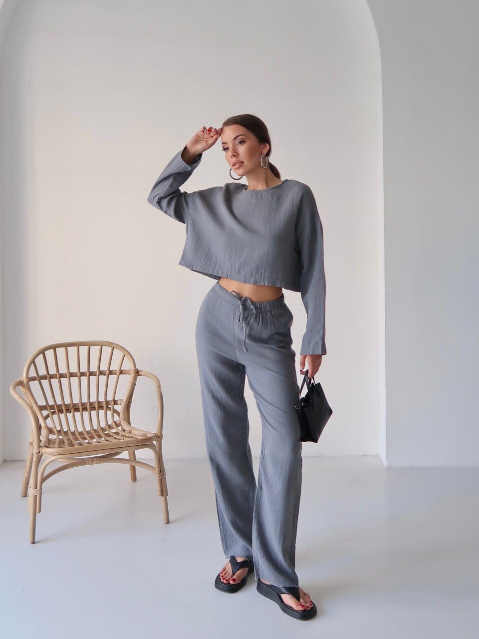 Y216 - Kadın Trend Müslin Kumaş Uzun Kol Crop Pantolon Takım - Füme