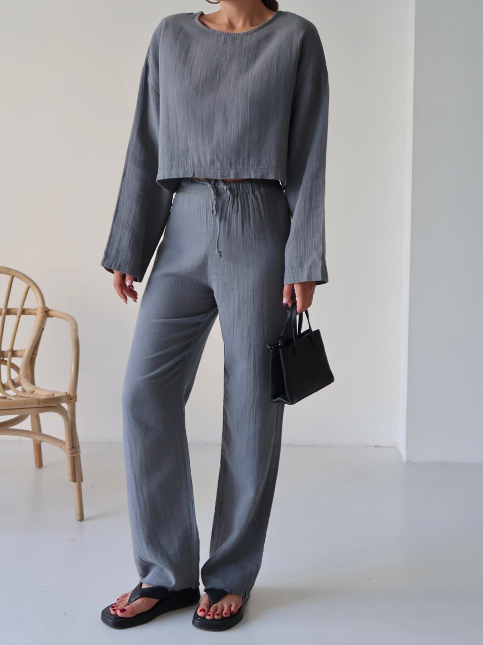 Y216 - Kadın Trend Müslin Kumaş Uzun Kol Crop Pantolon Takım - Füme