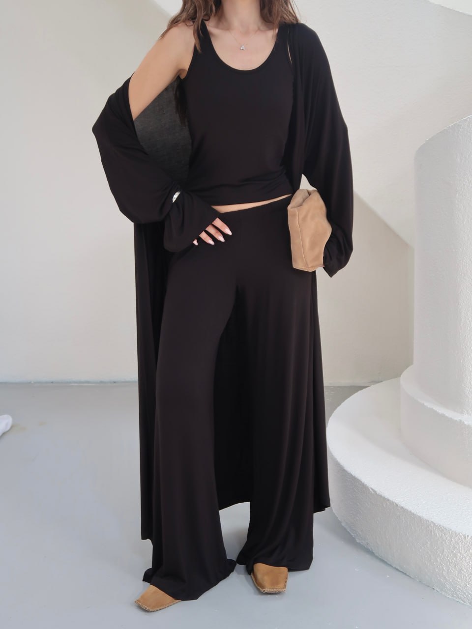 Y274 – Kadın Elara Ring Viskon Kumaş Atlet Pantolon Kimono 3'lü Takım