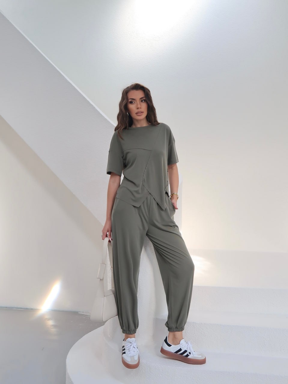 Y262 - Kadın Selena Modal Pike Kumaş Parçalı Jogger Takım - Haki