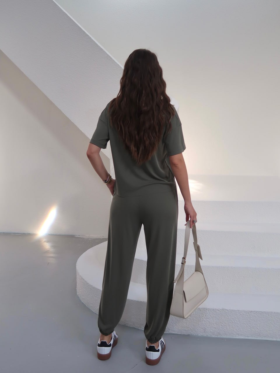 Y262 - Kadın Selena Modal Pike Kumaş Parçalı Jogger Takım - Haki