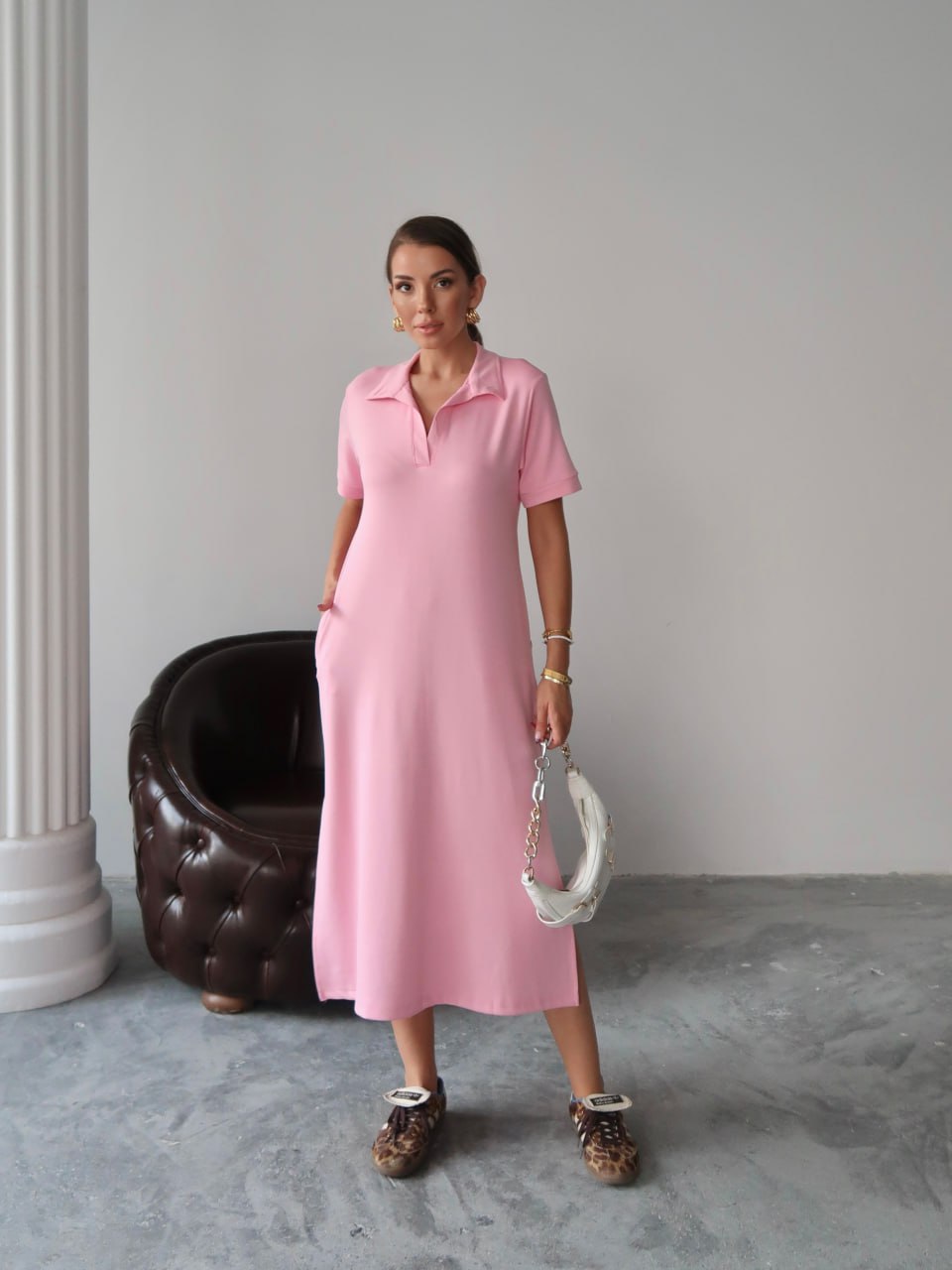 Y227 – Kadın Penny Modal Kumaş Polo Yaka Cepli Uzun Elbise - Pembe