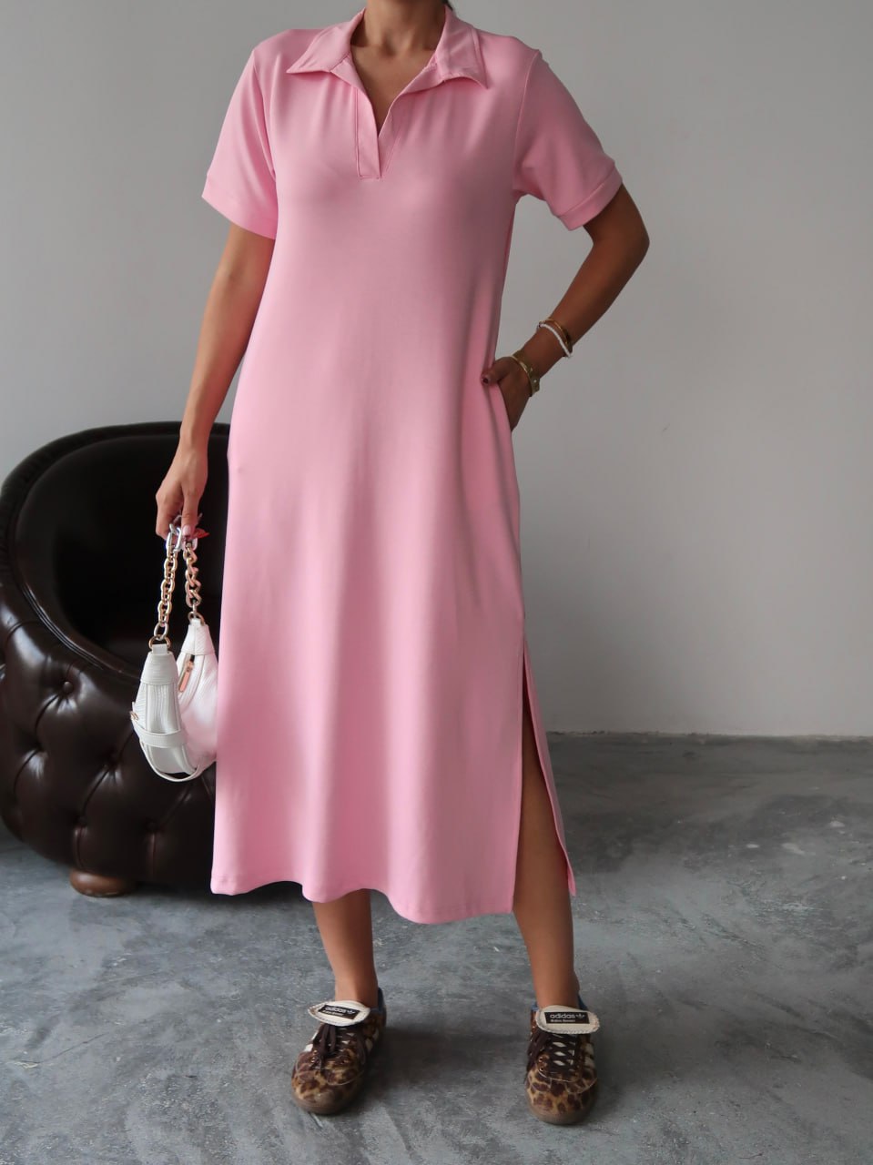 Y227 – Kadın Penny Modal Kumaş Polo Yaka Cepli Uzun Elbise - Pembe