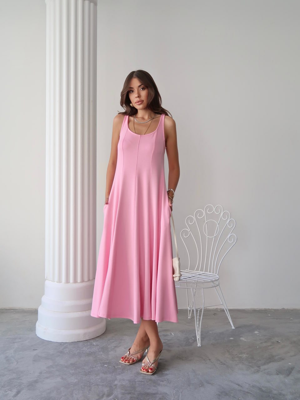 Y226 – Kadın Serena Modal Kumaş Parçalı Cepli Maxi Yazlık Elbise - Pembe
