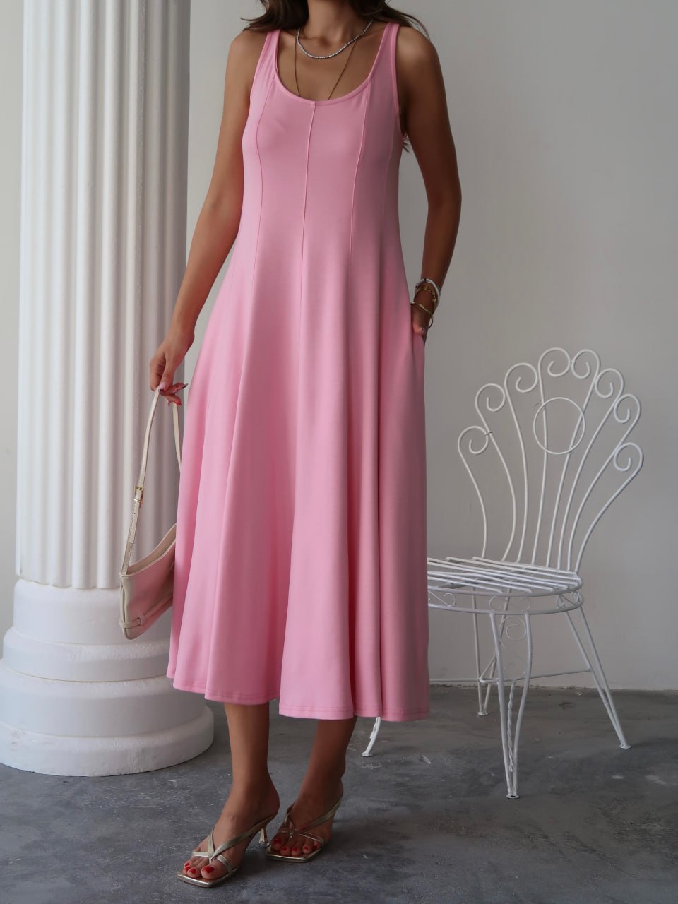 Y226 – Kadın Serena Modal Kumaş Parçalı Cepli Maxi Yazlık Elbise - Pembe