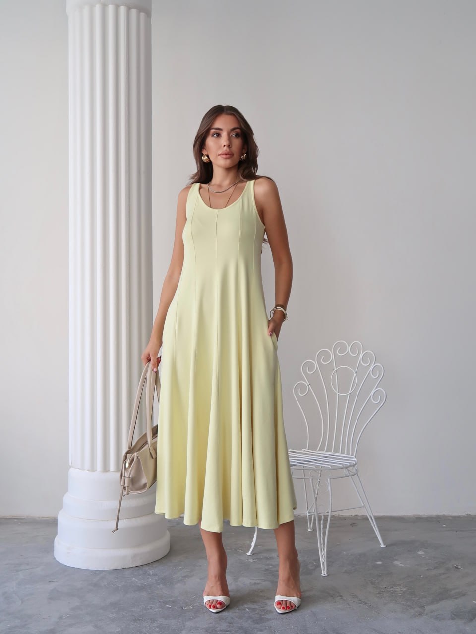Y226 – Kadın Serena Modal Kumaş Parçalı Cepli Maxi Yazlık Elbise - Sarı
